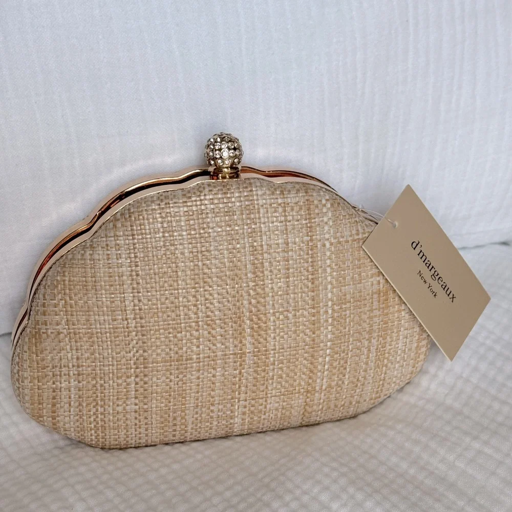 Viral Seashell Clutch Handbag Embroidered Raffia Shell Purse Gold Chain NWT - Picture 4 of 6